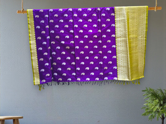 L8P10: Purple with Parrot Green Kadhua Banarasi saree