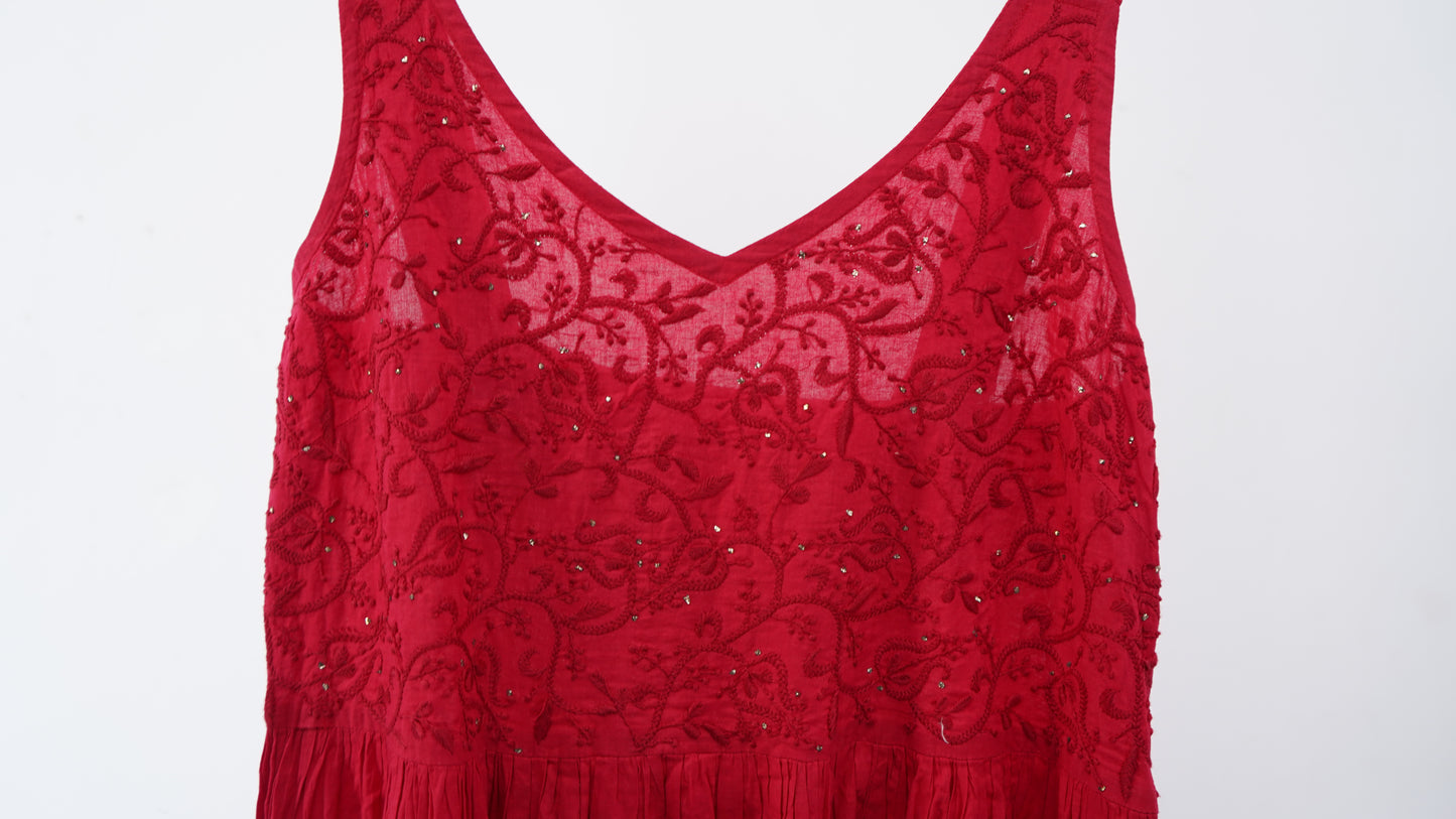 L7-P23: Red Cotton Embroidered Dress (M)