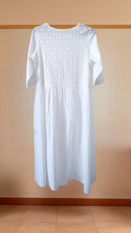 L7-P25: White Cotton Chikankari Gathered Dress (L)