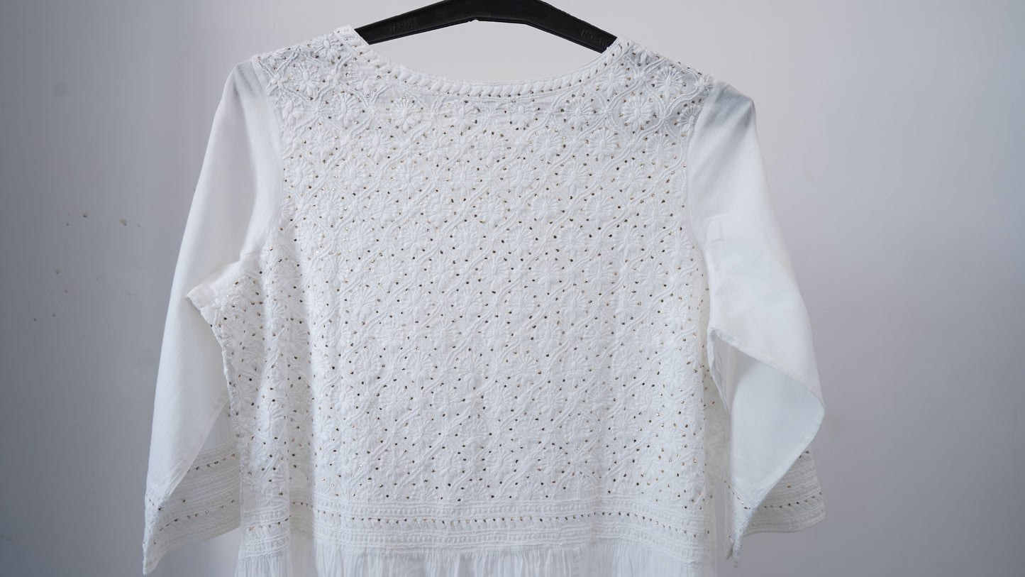 L7-P25: White Cotton Chikankari Gathered Dress (L)