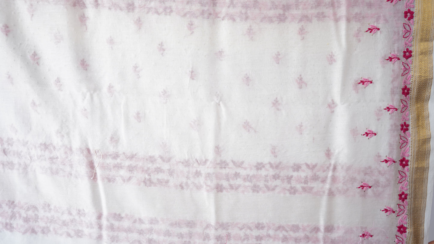 L7-P09: White Cotton Silk Saree with Pink Chikankari