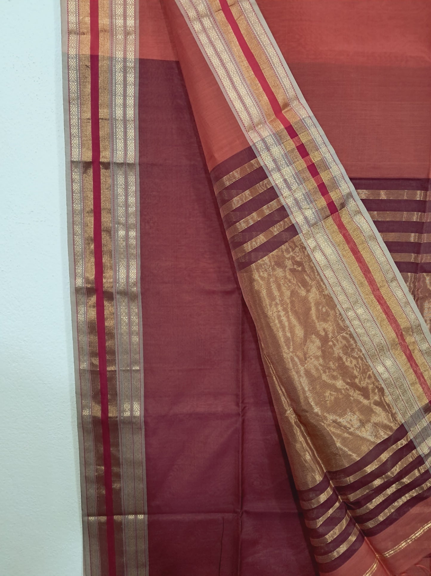 P44 - Carrot Pink Maheshwari Cotton Silk Saree