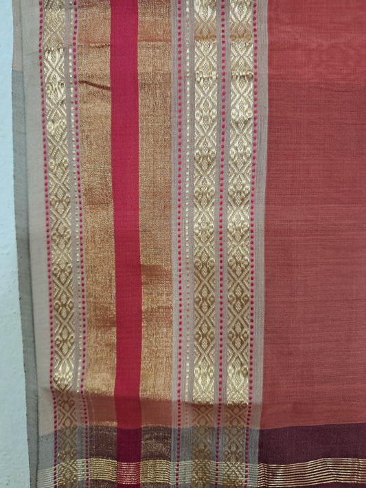P44 - Carrot Pink Maheshwari Cotton Silk Saree