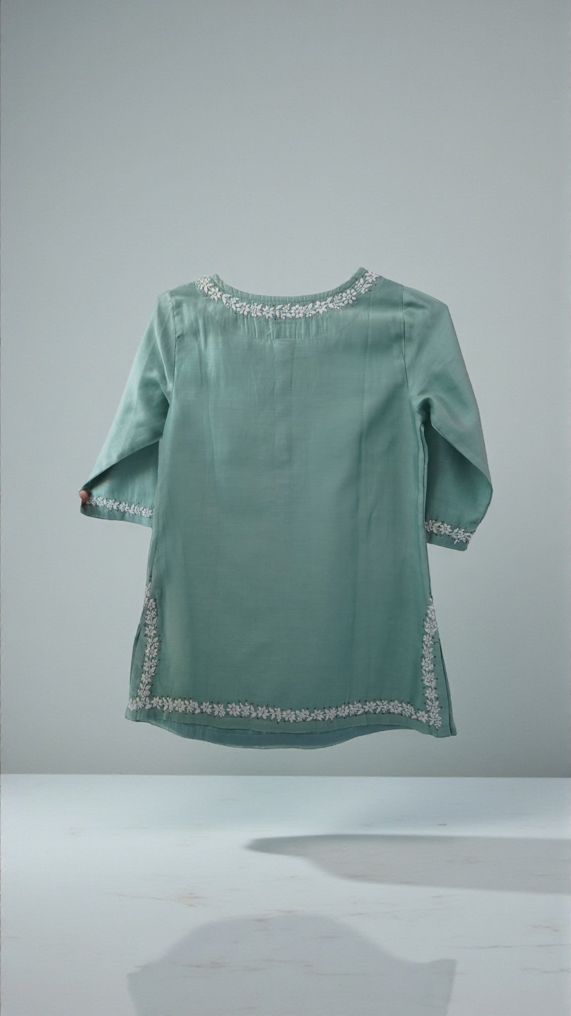 L7-P13: Sage Green Silk Short Top (XS)