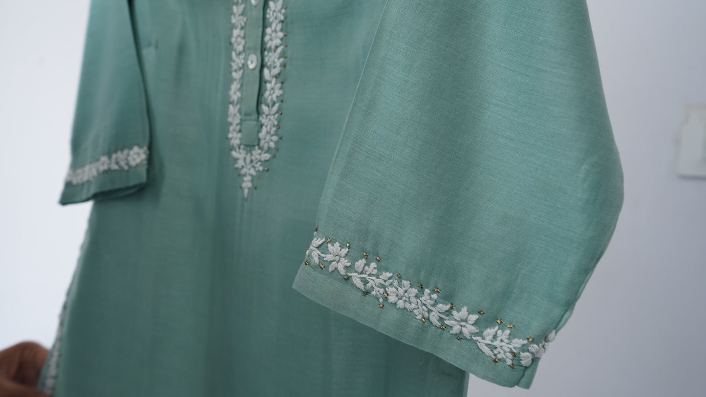 L7-P13: Sage Green Silk Short Top (XS)