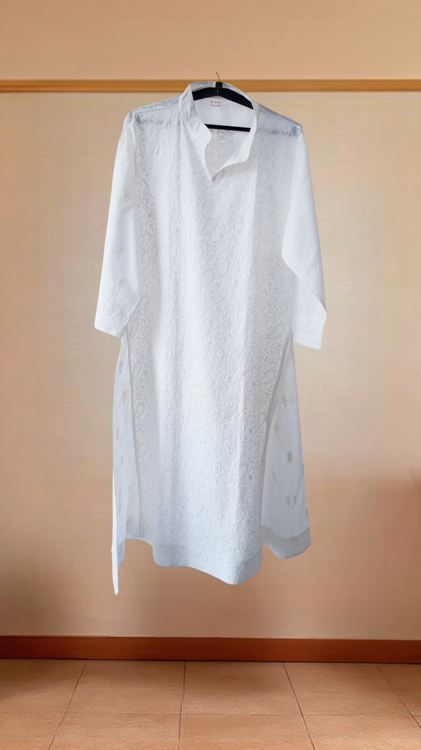 L7-P20: White Cotton Full-Work A-Line Kurta (M)