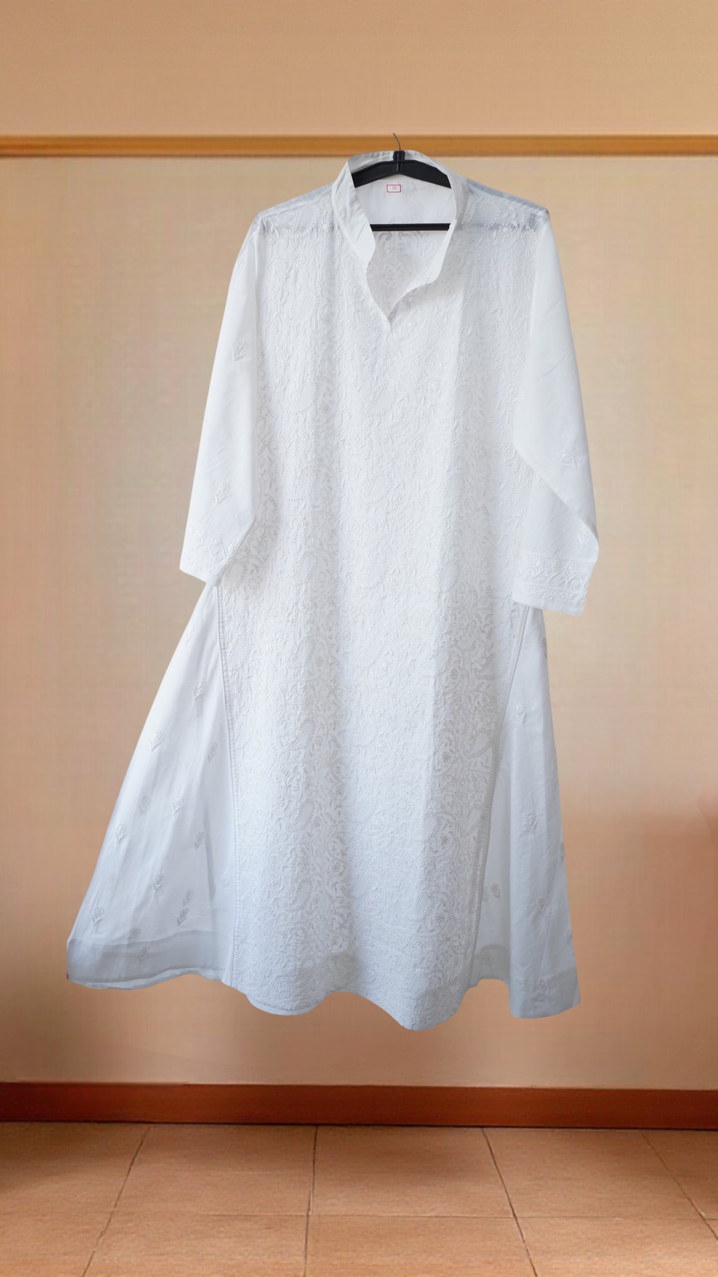 L7-P20: White Cotton Full-Work A-Line Kurta (M)