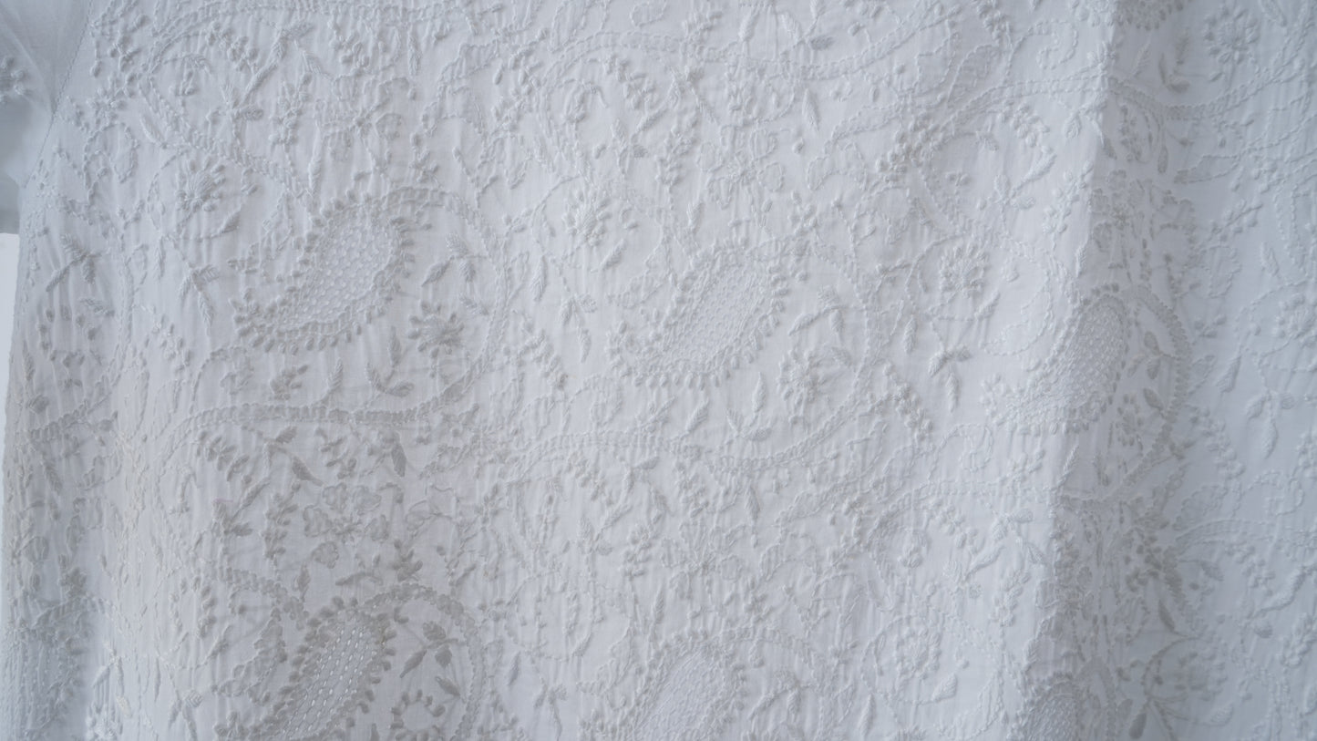 L7-P20: White Cotton Full-Work A-Line Kurta (M)