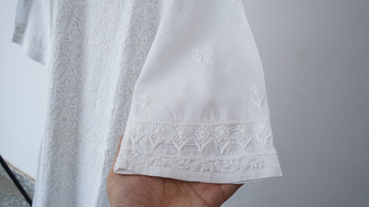 L7-P20: White Cotton Full-Work A-Line Kurta (M)
