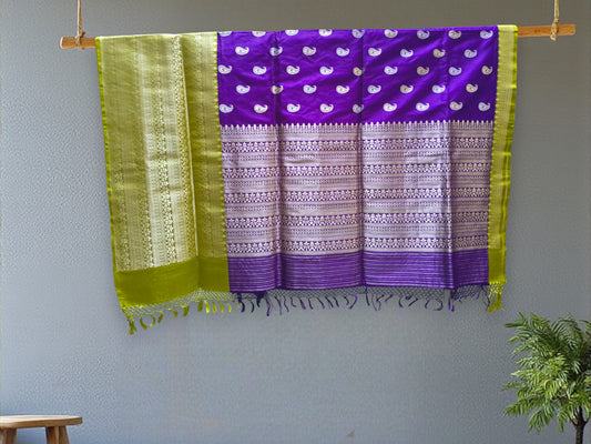 L8P10: Purple with Parrot Green Kadhua Banarasi saree