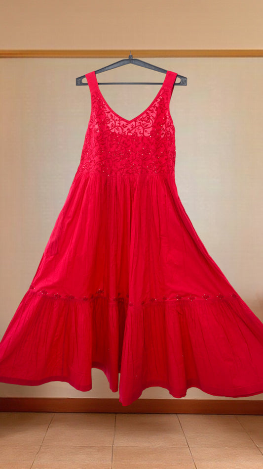 L7-P23: Red Cotton Embroidered Dress (M)