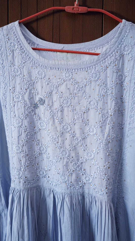 L7-P26: Light Blue Cotton Gathered Dress (M)