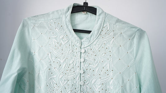 L7-P27: Light Pista Cotton Jacket-Style A-Line Dress/kurta (M)