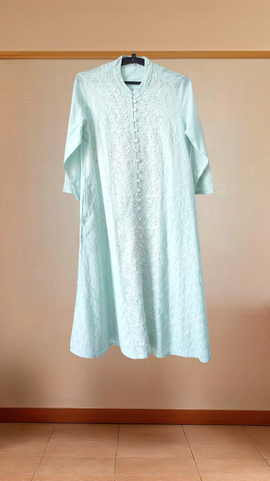 L7-P27: Light Pista Cotton Jacket-Style A-Line Dress/kurta (M)