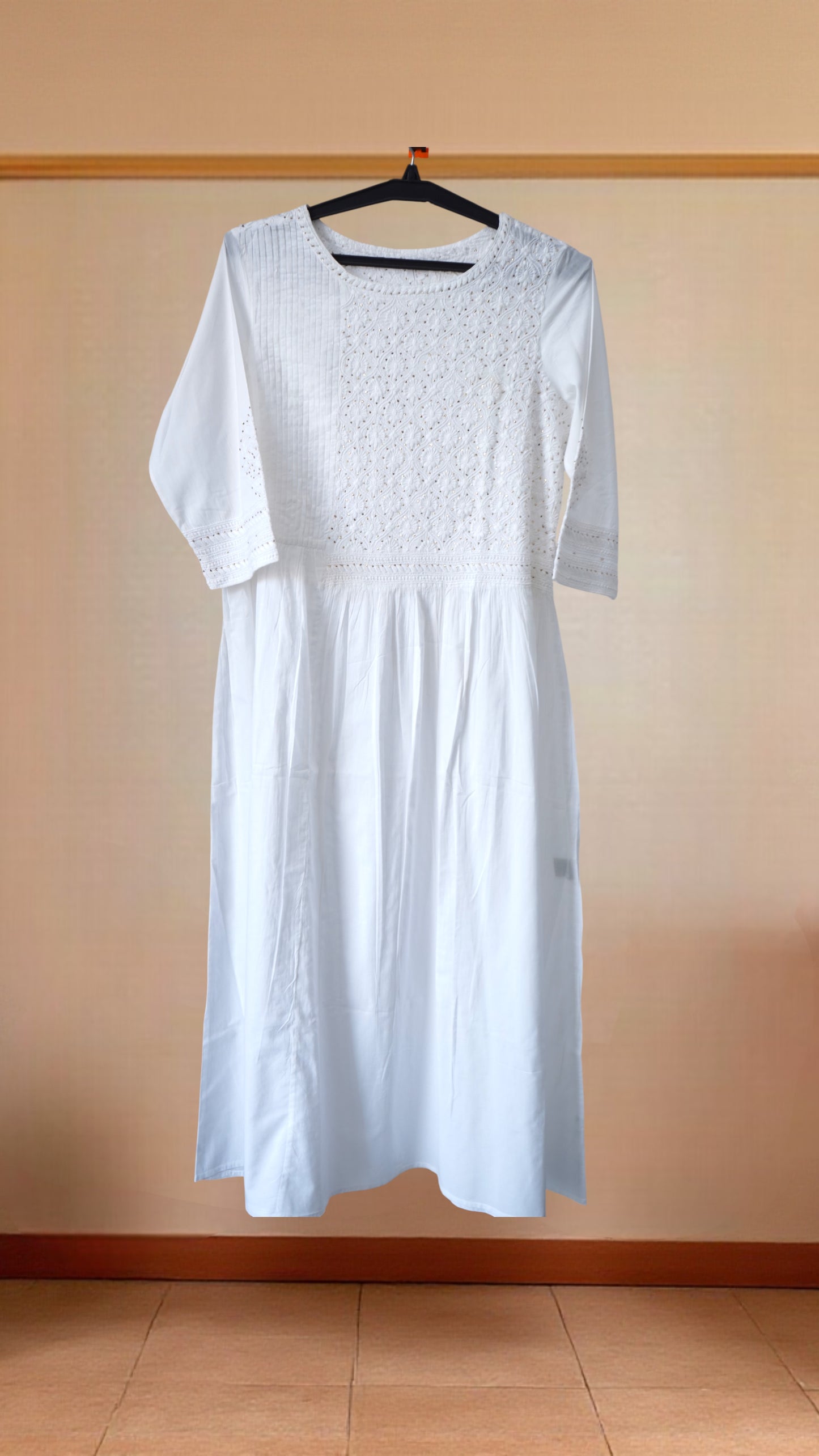 L7-P25: White Cotton Chikankari Gathered Dress (L)