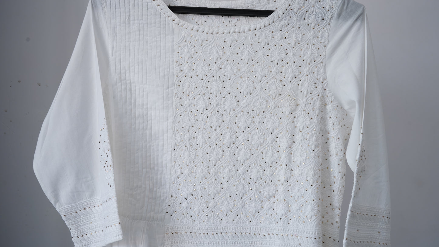 L7-P25: White Cotton Chikankari Gathered Dress (L)