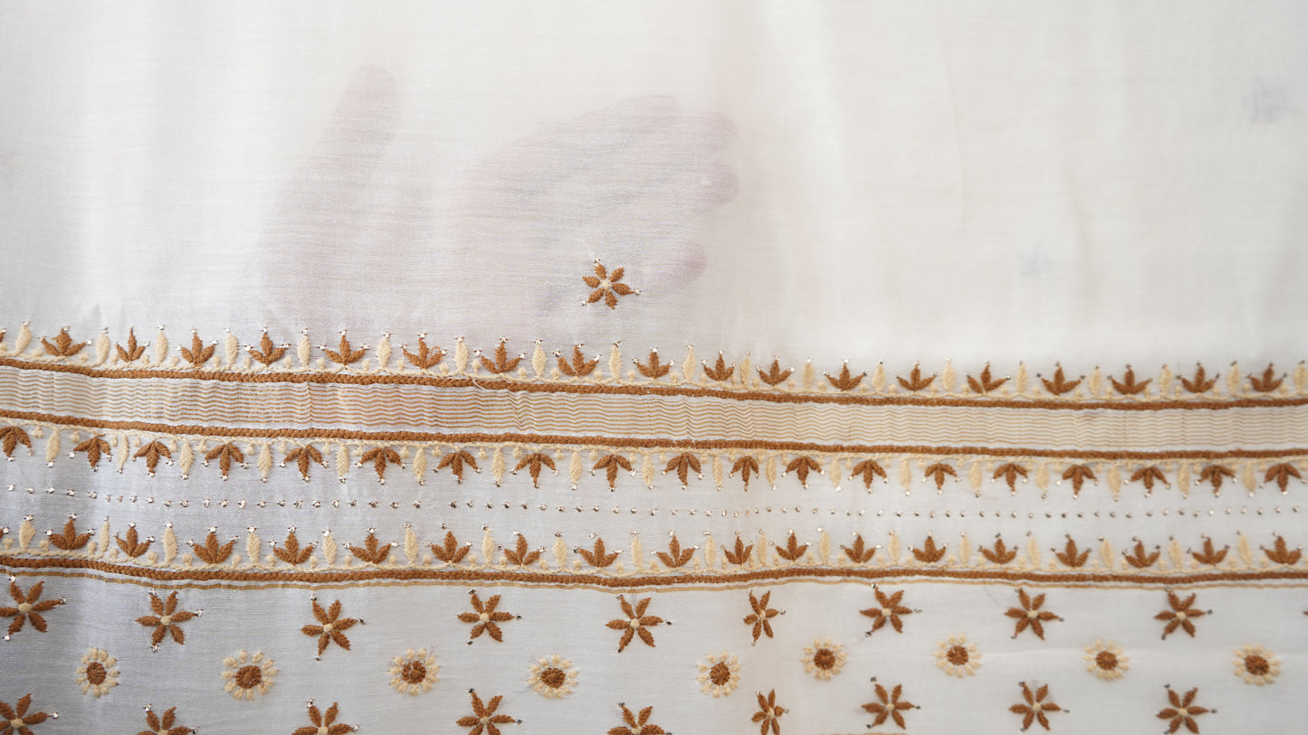 L7-P10: White Cotton Silk Saree with Beige Chikankari