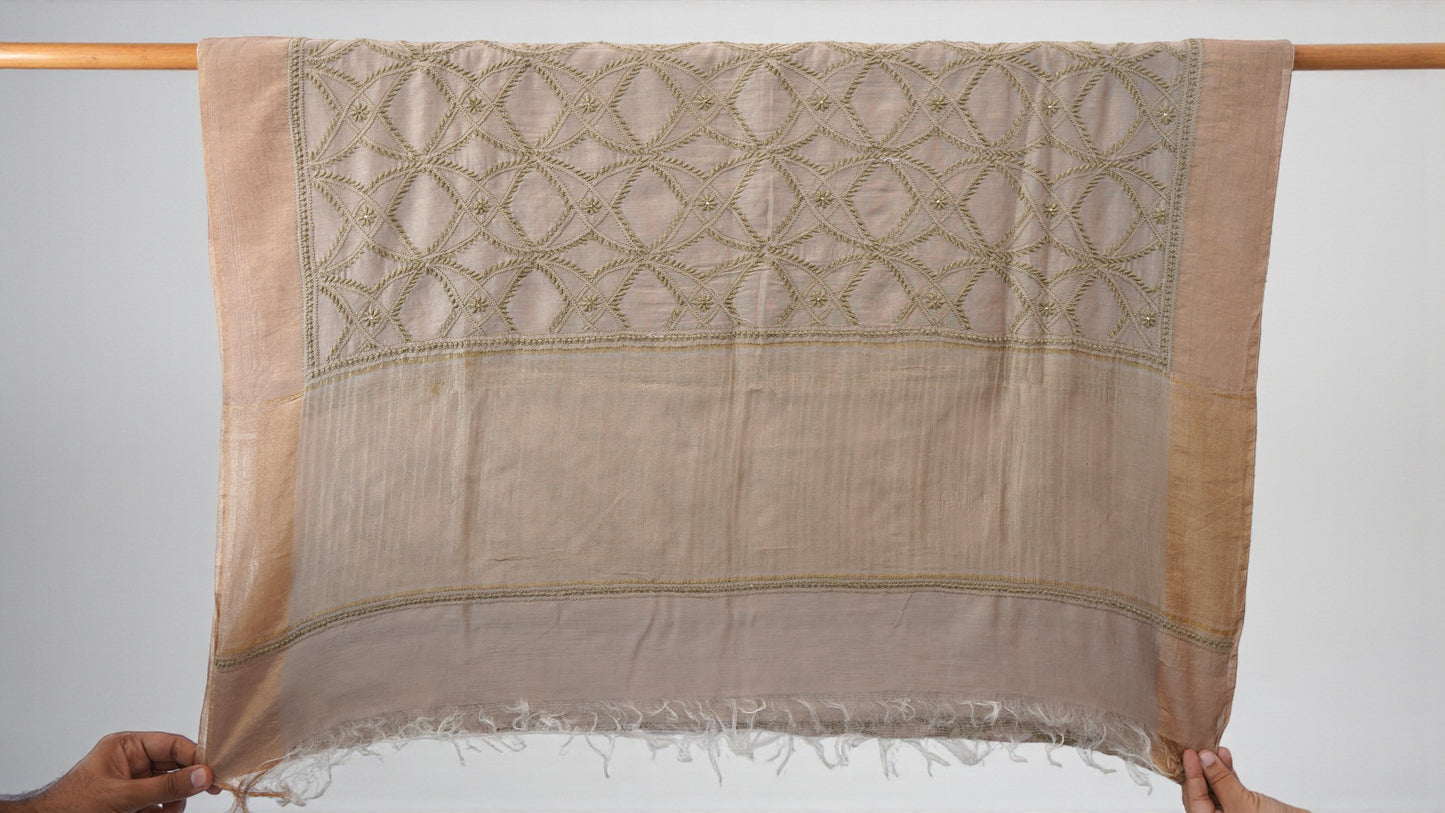 L7-P03: Brown Dupatta with Green Chikankari