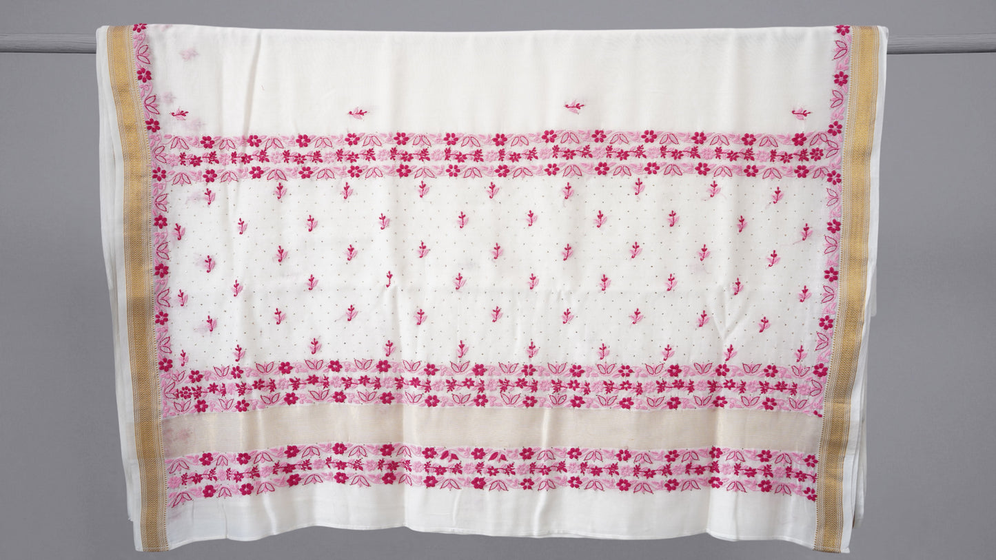 L7-P09: White Cotton Silk Saree with Pink Chikankari