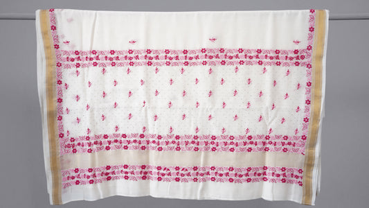 L7-P09: White Cotton Silk Saree with Pink Chikankari