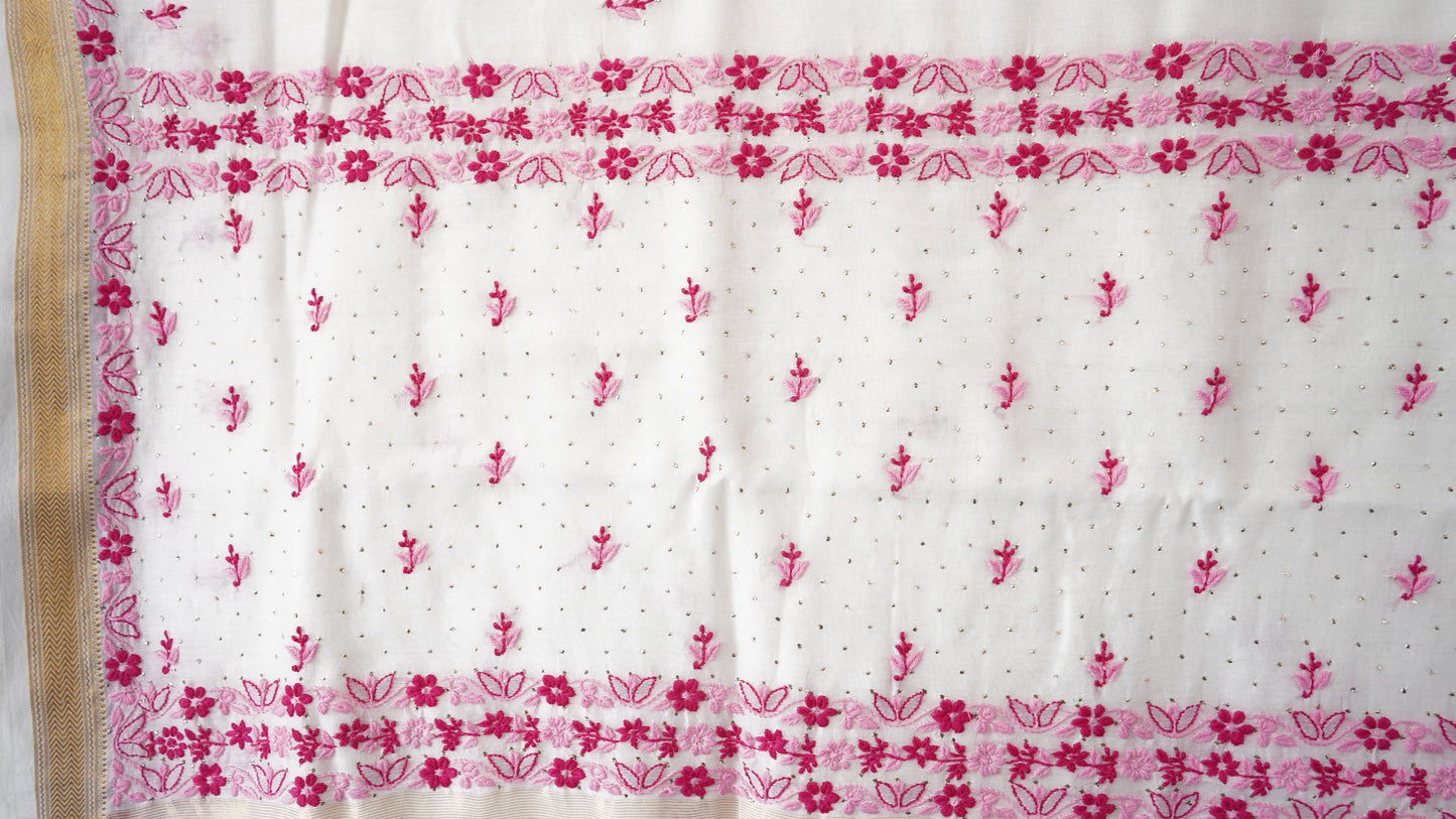 L7-P09: White Cotton Silk Saree with Pink Chikankari