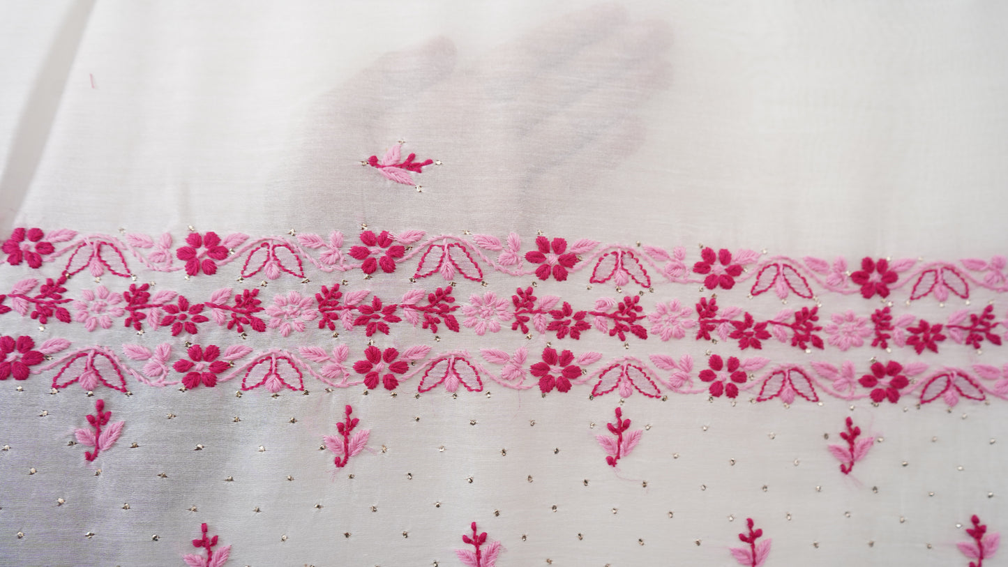 L7-P09: White Cotton Silk Saree with Pink Chikankari