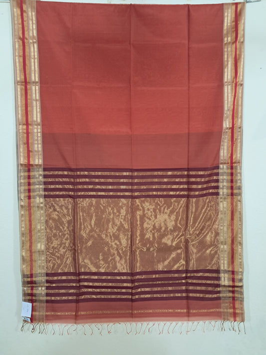 P44 - Carrot Pink Maheshwari Cotton Silk Saree