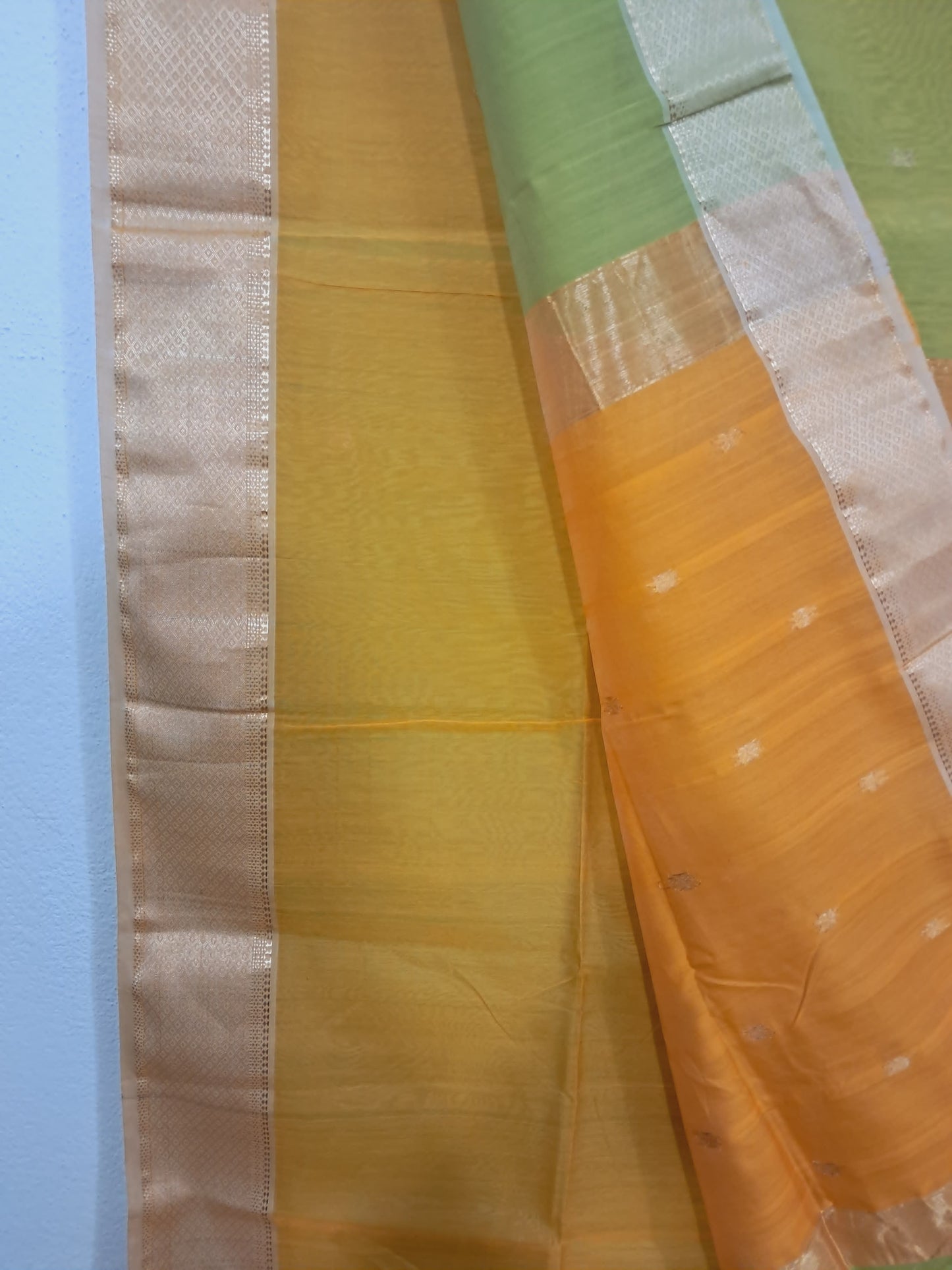 P37 - Parrot Green and Haldi Yellow Maheshwari Cotton Silk Saree